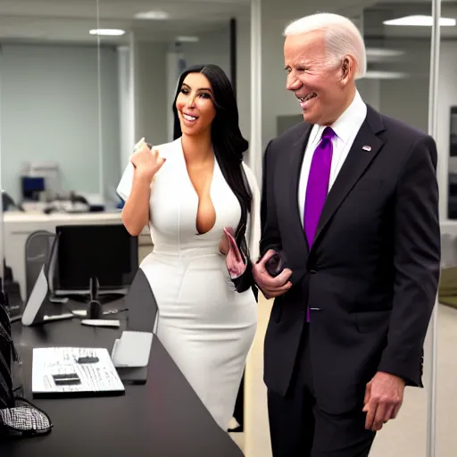 Image similar to stock photo of kim kardashian, and joe biden wearing suits and ties laughing in an office building, 8k resolution, full HD, cinematic lighting, award winning, anatomically correct