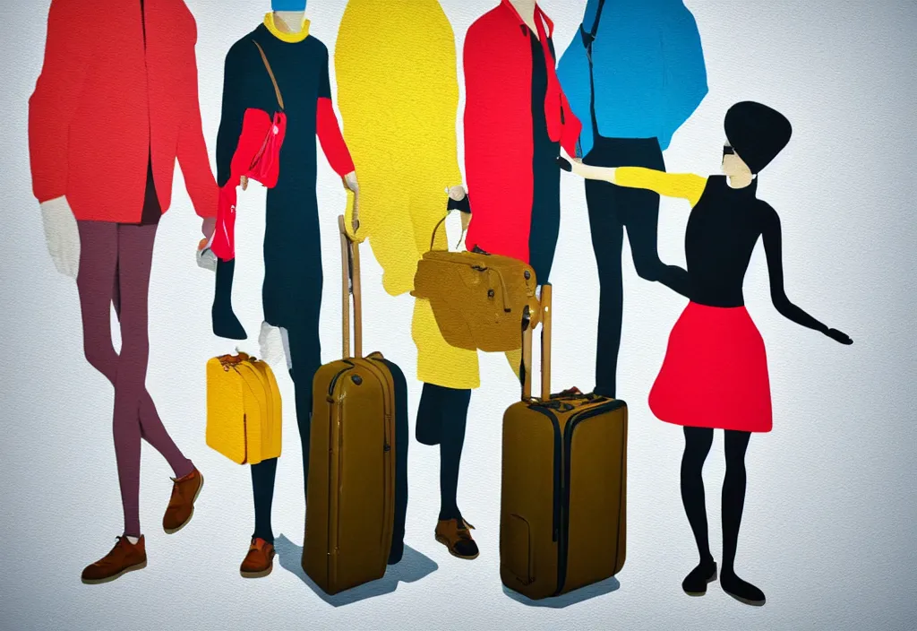 Image similar to full body portrait of a trio of european tourists autumn travel apparel, various poses walking and carrying luggage, character designs painting, in the style of wes anderson, rene magritte, lola dupre, david hockney, isolated on white background, dark monochrome neon spraypaint accents volumetric octane render