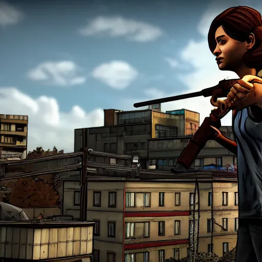 Image similar to game walking dead telltale games clementine aiming with a sniper rifle on a rooftop, 4 k, highly detailed