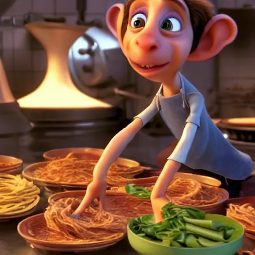 Image similar to remy from ratatouille making pasta, cinematic, dramatic, color grading, photojournalism, colorful, highly detailed