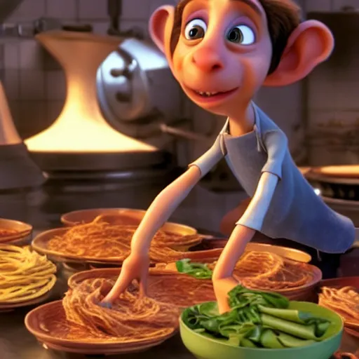 Prompt: remy from ratatouille making pasta, cinematic, dramatic, color grading, photojournalism, colorful, highly detailed