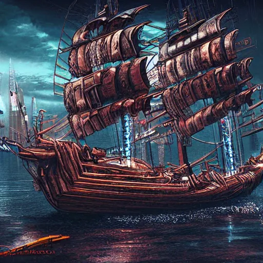 Prompt: an epic looking cyberpunk pirate ship, highly detailed digital art