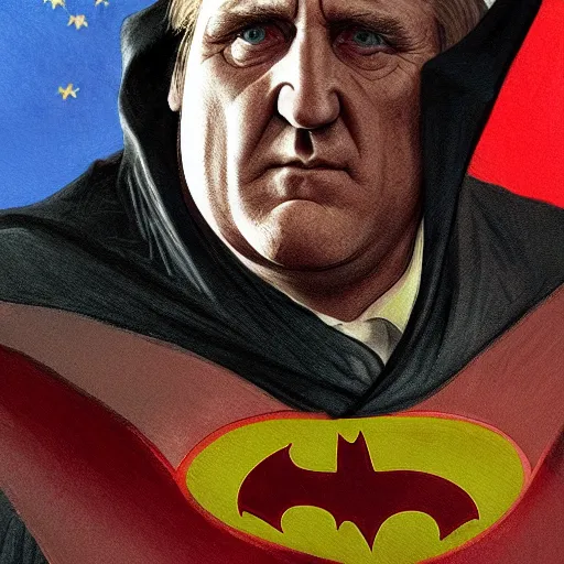 Image similar to [Gerard Depardieu as Batman as president of France!, closeup, D&D, intricate, elegant, highly detailed, digital painting, artstation, concept art, matte, sharp focus, illustration, art by Artgerm and Greg Rutkowski and Alphonse Mucha]