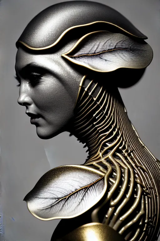 Image similar to bw contrasted close - up profile face, black background, beautiful young porcelain vegetal - dragon - cyborg - female, 1 5 0 mm, beautiful natural soft rim light, silver gold details, magnolia leaves and stems, roots, mandelbot fractal, elegant, ultra detailed, white metallic armour, octane render, h. r. giger style