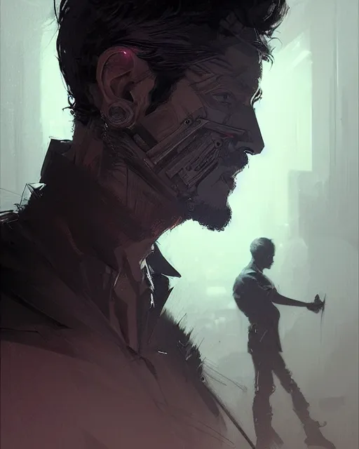 Image similar to professional concept art portrait of a diesel punk man with short black hair in a dark room by artgerm and greg rutkowski. an intricate, elegant, highly detailed digital painting, concept art, smooth, sharp focus, illustration, in the style of cam sykes, wayne barlowe, igor kieryluk.