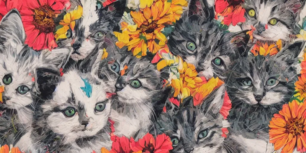 Image similar to a group of kitten by Sandra Chevrier and Sachin Teng, colorful geometric pattern, flowers