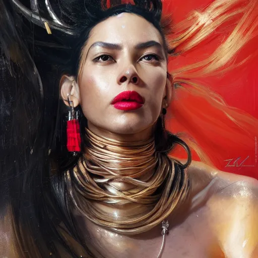 Prompt: detailed oil portrait of tall hyper - muscular shining bronze - skinned warrior woman with silver eyes, with long wavy flowing black hair and big gold earrings, jewelry, red lipstick, makeup, feminine, volumetric lighting, dynamic composition, art by sachin teng and sergey kolesov and ruan jia and heng z, scifi, concept art