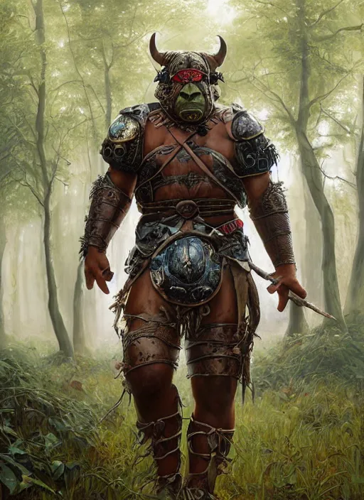 Image similar to a portrait painting of an elder male orc fighter in leather armour on a beautiful lush forest meadow, morning, art by Tristan Eaton, Stanley Artgerm, Tom Bagshaw, Greg Rutkowski, Carne Griffiths