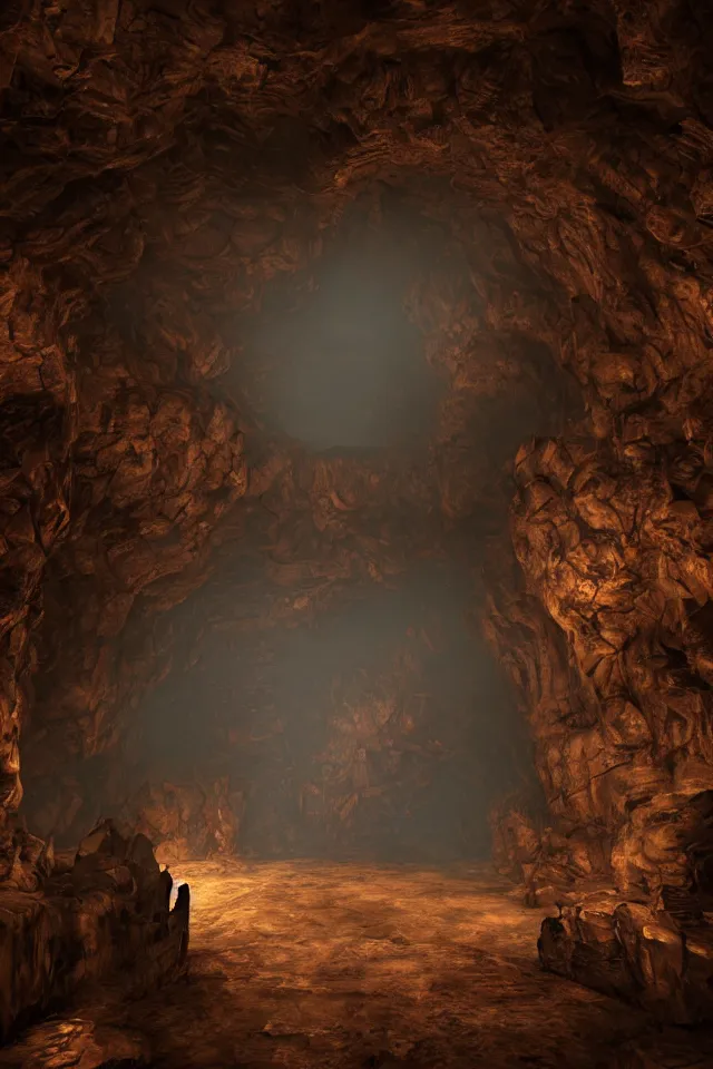 Prompt: the underground cave has a huge bronze door, bronze material, dark and spectacular atmosphere ， super wide angle ， matte painting ， rtx on ， trending on cgsociety and artstation, unreal engine ， volumetric light ， surreal