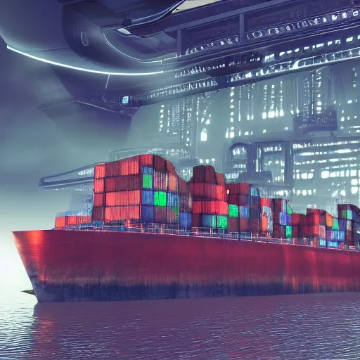 Image similar to photo of Immense industrial futuristic cargo ship arrives at cyber punk city sea port, cinematic lighting, photo