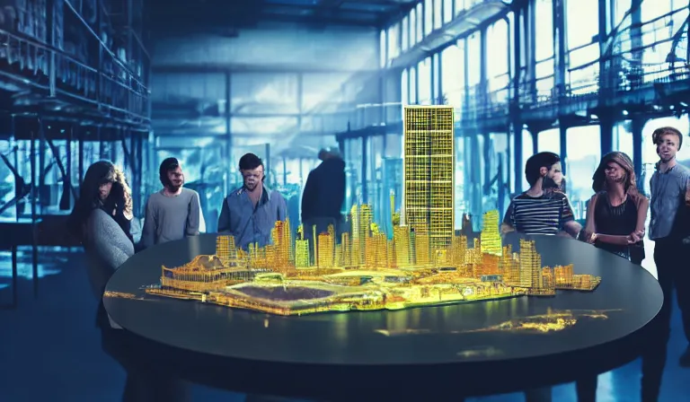 Image similar to group of people in simple warehouse, looking at hologram of futuristic city on a table, cinematic concept art, godrays, golden hour, natural sunlight, 4 k, clear details, tabletop model buildings, center model buildings, hologram center, crane shot, crane shot, crane shot