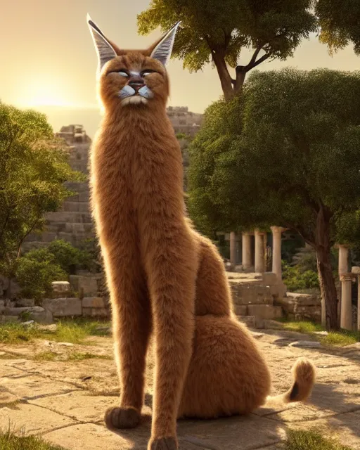 Image similar to fullbody photo of humanoid cute fluffy caracal dressed in toga, sun behind him, ancient greek city, sunny day, by ilya kuvshinov, rtx rendering, octane render 1 2 8 k, maya, extreme high intricate details by tom bagshaw, medium shot, composition by sana takeda, lighting by greg rutkowski