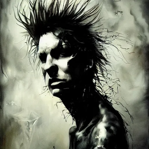 Image similar to stunning portrait of gaunt sid vicious a ( the cure fan ) as dream from sandman, dim stars as eyes, by jeremy mann, by cedric peyravernay, by by russ mills, by richard avedon and ben templesmith, dramatic lightning, sadness, dark eye sockets, in the shadows, punk rock, gothic, high detailed, 8 k