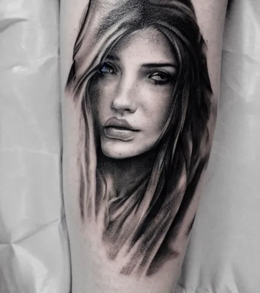 Image similar to a beautiful girl portrait, faded mountain background, realism tattoo, in the style of den yakovlev, black and white, hyper realistic, highly detailed