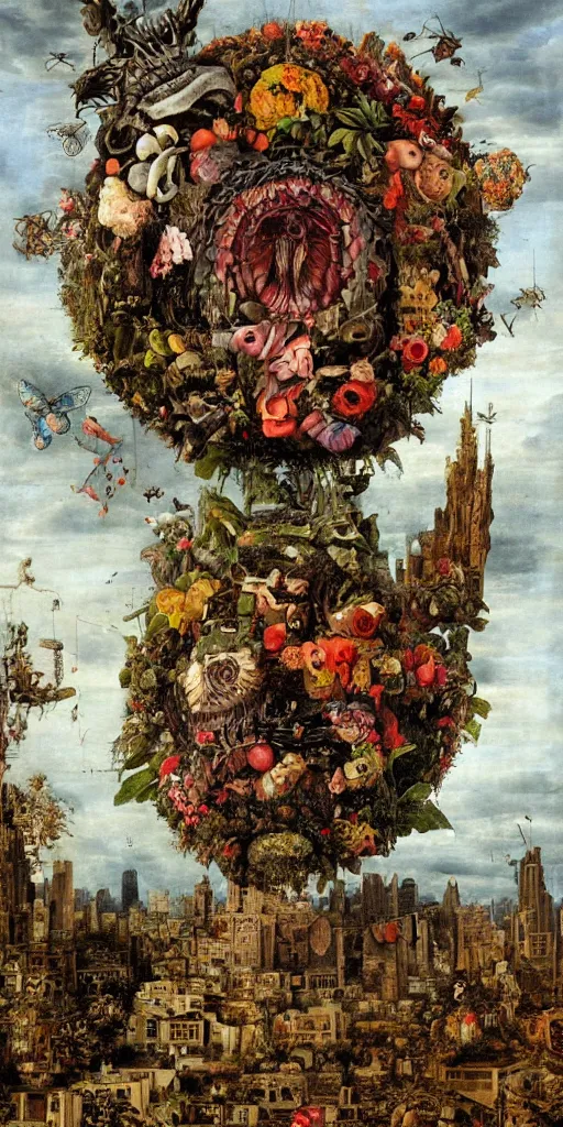 Prompt: giant grotesque flower in the middle of abandoned alien cityscape, ultradetailed by Giuseppe Arcimboldo and Passarotti