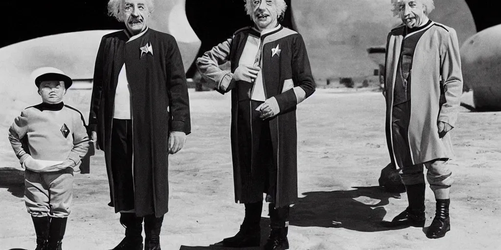 Prompt: Young Eintsein and Old Einstein in starfleet uniforms from the next Star Trek movie