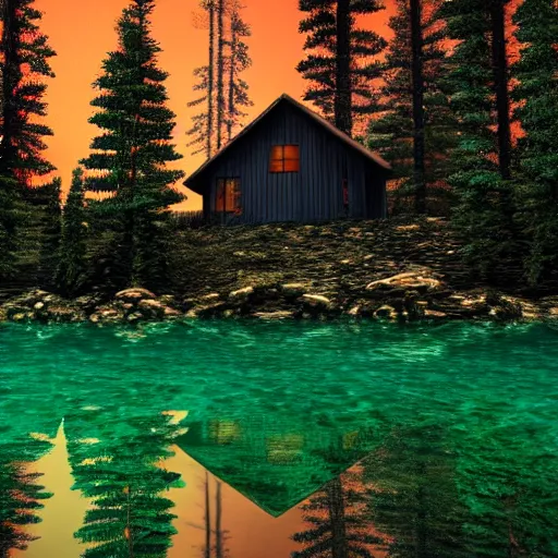 Image similar to a cabin in the woods underwater surrounded by dense trees, dark and eerie, 8k, high definition, highly detailed, photo realistic