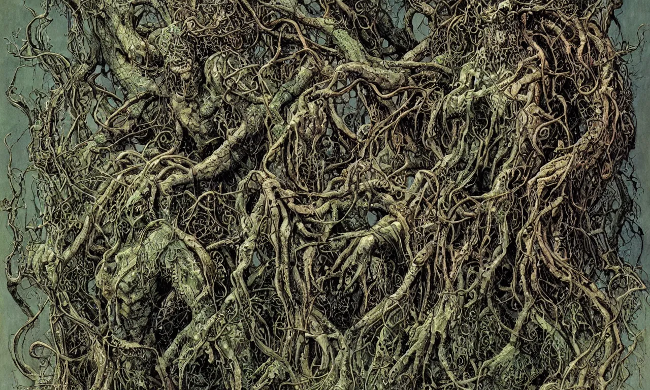 Prompt: hyperdetailed art nouveau portrait of treebeard as cthulhu, by michael whelan, simon bisley, and bill sienkiewicz, grim yet sparkling atmosphere, photorealism, night in the forest, thorns, vines, terror, wild, crazy, scary, horror, lynn varley, lovern kindzierski, steve oliff