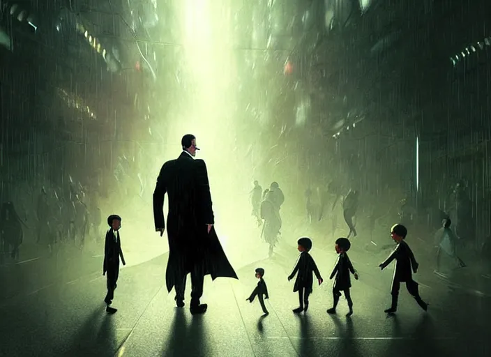 Image similar to agent smith helping small children cross the street in the matrix. digital painting. greg rutkowski. fantasy artwork.