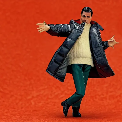 Image similar to magic mushroom, cary grant wearing orange puffy bomber jacket, nendroid, craig mullins style