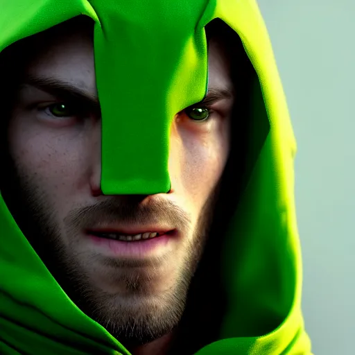 Image similar to portrait of a chad programmer with green hood by greg rutkowski, 4 k, close up