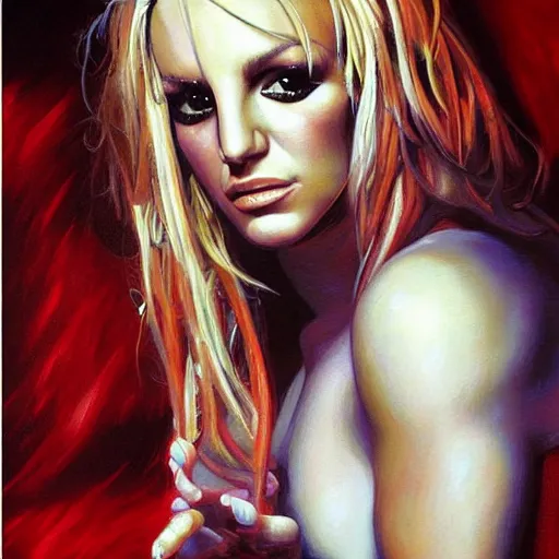 Prompt: detailed portrait of britney spears intricate, hyper detailed, realistic, oil painting, by julie bell, frank frazetta, cinematic lighting