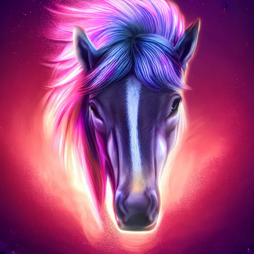 Prompt: digital horsey horse, retrowave palette, highly detailed, anatomically correct equine, synth feel, smooth face, ear floof, flowing mane, no reins, super realism, accurate animal imagery, 4 k digital art