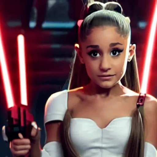 Prompt: a still of Ariana Grande in a stars wars film