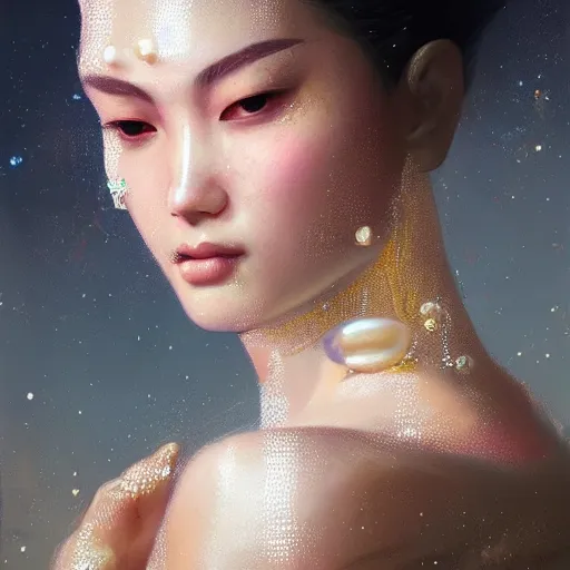 Image similar to a beautiful portrait of a pearl goddess with glittering skin by greg rutkowski and raymond swanland, trending on artstation, ultra realistic digital art