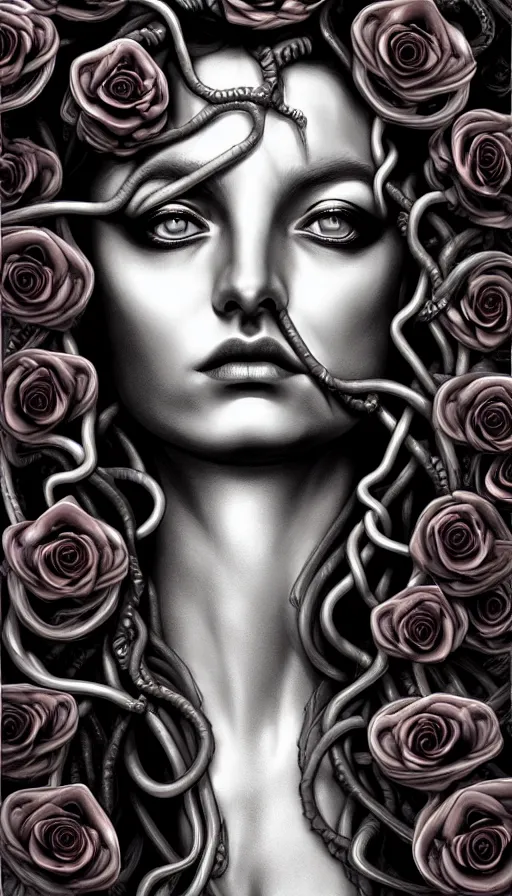 Prompt: , medusa, symmetrical portrait, realistic, full body, black rose, rich detail, by stanley artgerm photo - grade