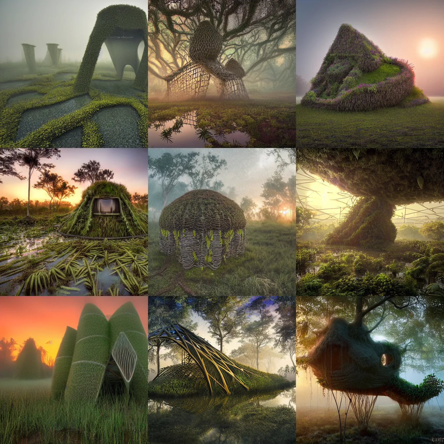 Prompt: a organic house structure made of strange plants, located in a swamp at sunrise, (mist), ultra wide angle, moebius, chillwave, futuresynth