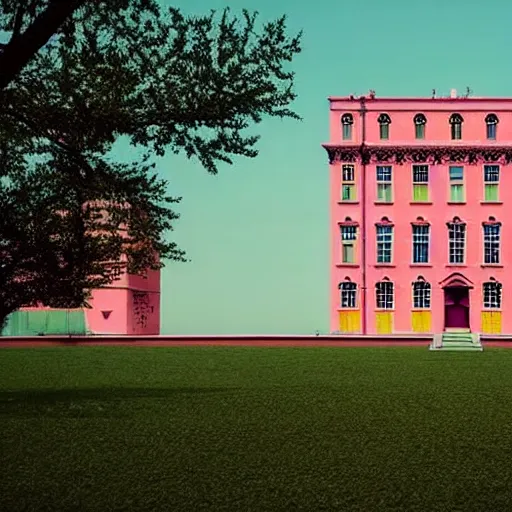 Prompt: Symmetric Wes Anderson film still in a Graduate School without people. Establishing shot. Architecture. 8k resolution. Pastel. Sharp. Whimsical. Symmetry. Stunning.