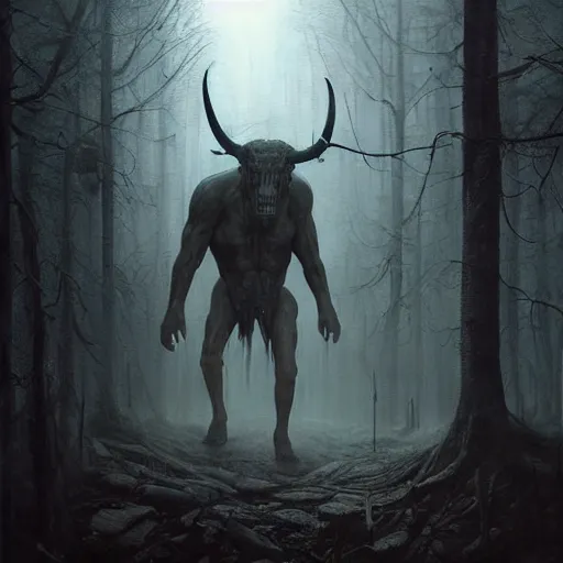 Prompt: a creepy atmospheric painting of a slender humanoid minotaur creature emerging from the mist. painting by greg rutkowski and hr giger.