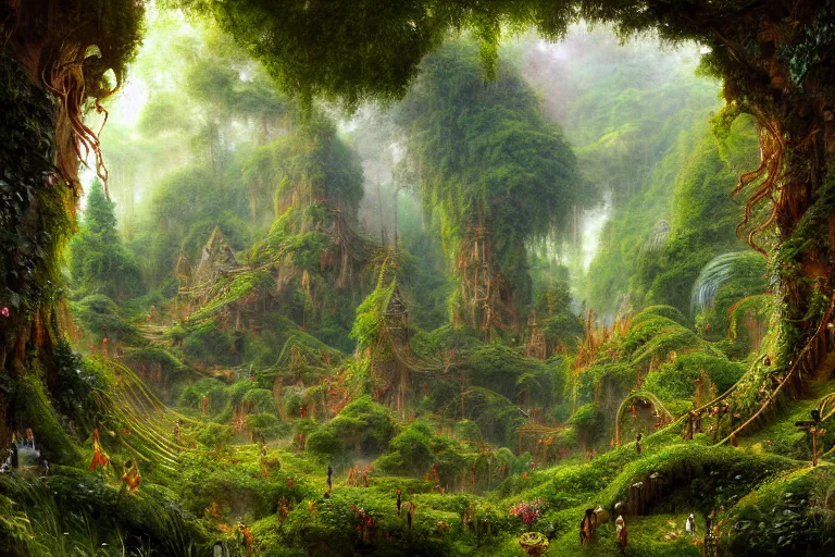 Image similar to a beautiful and highly detailed digital painting of an elven construction in a lush valley in the misty mountains, psychedelic patterns, intricate details, epic scale, 8 k, sharp focus, photorealism, artstation, cgsociety, by caspar friedrich, albert bierstadt, james gurney, brian froud,