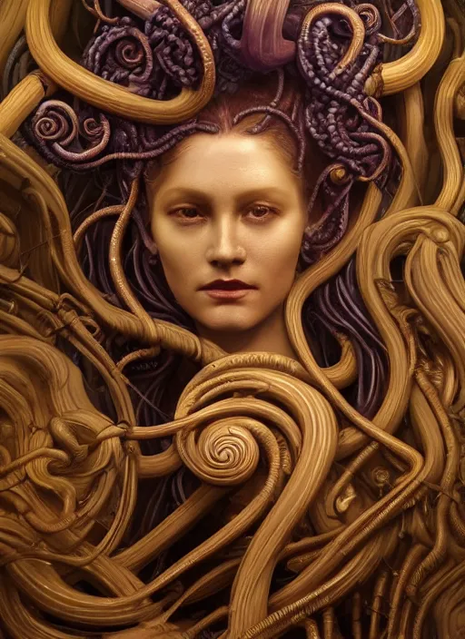 Prompt: medusa made of wax, wooden art nouveau swirls, strong subsurface scattering, cables, tubes, subsurface scattering, in the style of ruan jia and donato giancola and giger, subsurface scattering, mystical colors, rim light, dramatic lighting, 8 k, stunning scene, raytracing, octane render, trending on artstation