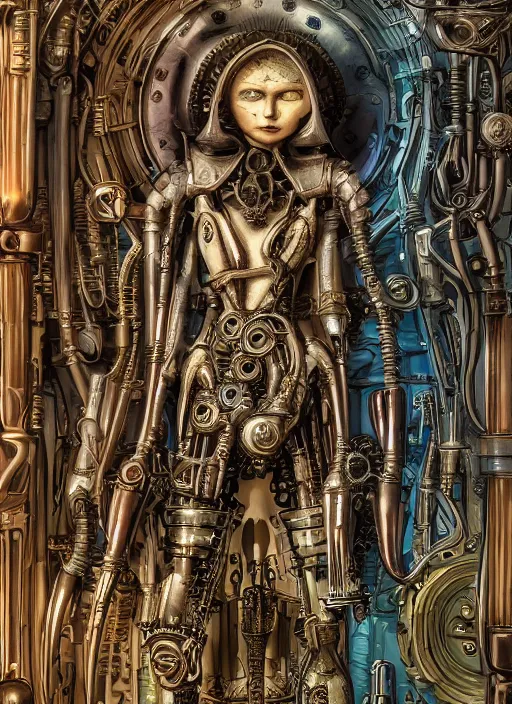 Prompt: steampunk ceramic influencer designed by h. r. giger, great hall, architecture, painted by moebius and jean - michel charlier, colorful, extremely detailed faces, intricate linework, smooth, super sharp focus, colorful, high contrast, matte