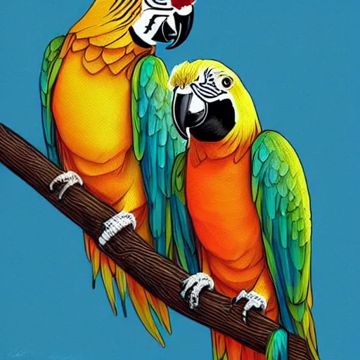 Image similar to parrots dressed in rapper clothes, sitting on golden trees, rap scene, trending on artstation, highly detailed, digital art, 8 k