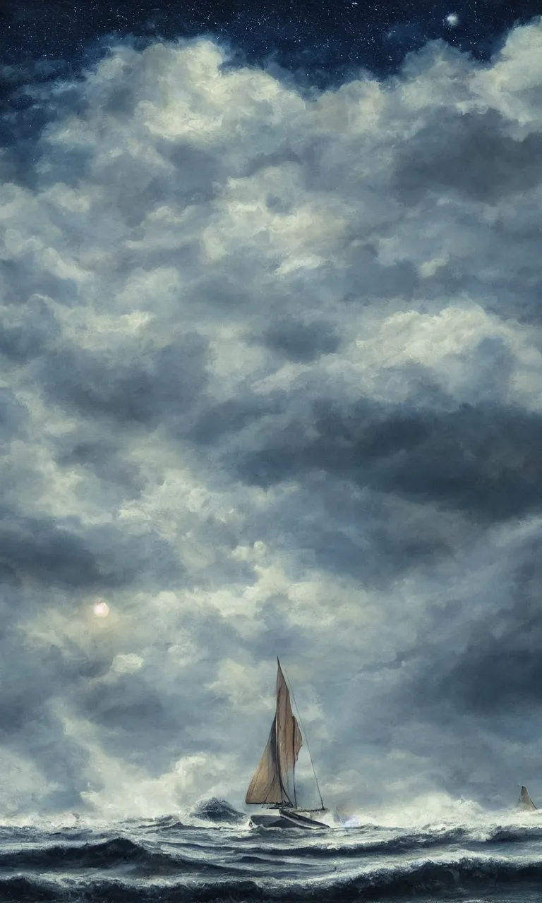 Image similar to a real photographic landscape painting with incomparable reality, super wide, ominous sky, sailing boat, wooden boat, lotus, huge waves, starry night, harry potter, volumetric lighting, clearing, realistic, james gurney, artstation