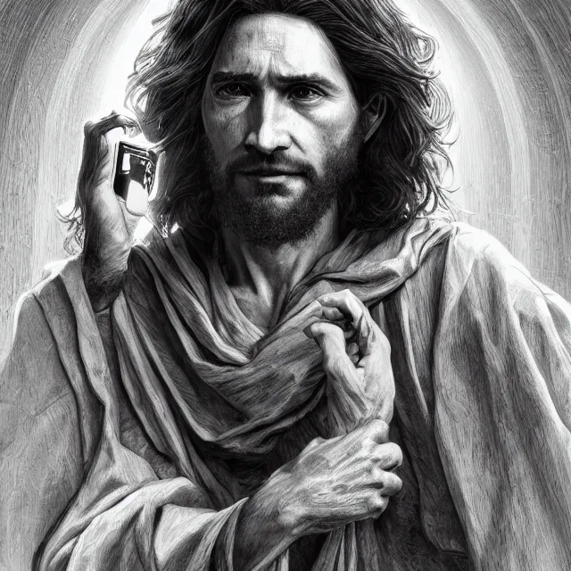 Prompt: the portrait of jesus christ talking on old phone, an ultrafine hyperdetailed illustration by kim jung gi, irakli nadar, detailed faces, intricate linework, bright colors, octopath traveler, final fantasy, unreal engine 5 highly rendered, global illumination, radiant light