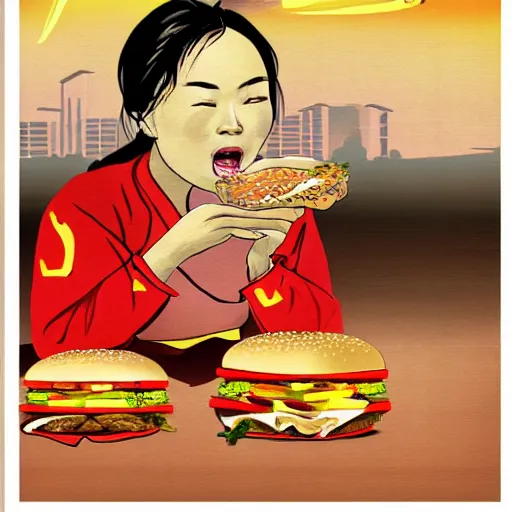 Prompt: ancient Chinese person eating a burger in communist propaganda poster. Artstation. High quality. 4k. Beautiful art.