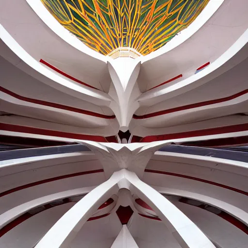 Image similar to futuristic lotus temple space station with gold, red and white marble panels, by santiago calatrava and buckminster fuller and syd mead, intricate contemporary architecture, photo journalism, photography, cinematic, national geographic photoshoot