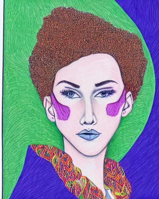 Prompt: a young woman with an extravagant hair style, colored pencil rendering graphic collage in the style of Erica Rose Levine