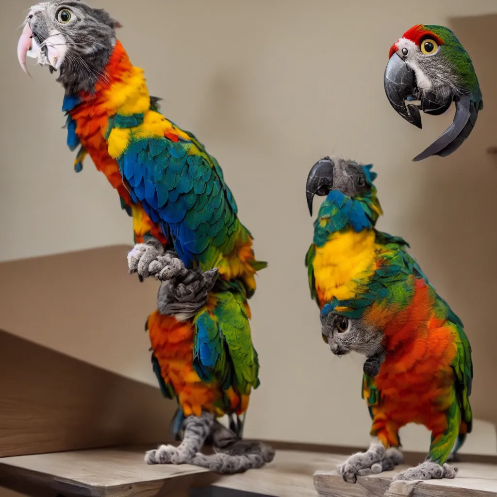 Prompt: a photo of a cat parrot hybrid, sitting on a table, 4k, highly detailed, award winning photo