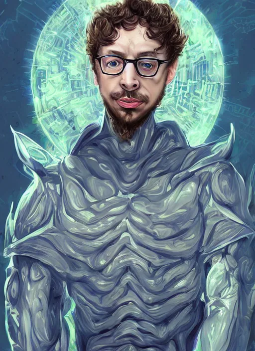 Image similar to portrait of Sam Hyde as a Greek God of a futuristic sigma War, gigachad look, inside future fighter, sci-fi, fantasy, intricate, lush garden spaceship with sakura season flowers in Kyoto Japan, elegant, human anatomy, royal blue and nature light, highly detailed, digital painting, artstation, concept art, smooth, sharp focus, illustration, art by WLOP and Ruan Jia and Mandy Jurgens, masterpiece, 3d blender