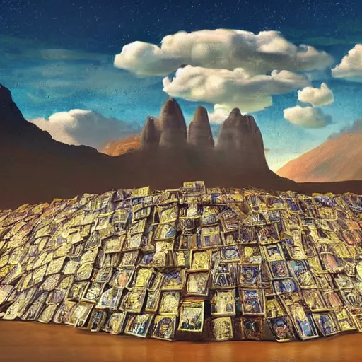 Image similar to a mountain made out of computer screens that display bitcoin logos, cinematic, post - apocalyptic landscape, harsh contrast lighting, in the style of surrealism, made by salvador dali