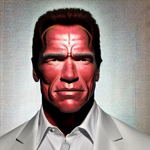 Prompt: beautiful Fine art photo portrait of enraptured Arnold Schwarzenegger as a solarpunk robotic god, white mechanical parts with led lights, photorealistic, white background, highly detailed and intricate, sunset lighting, HDR 8k