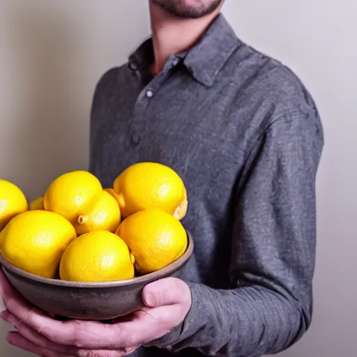 Prompt: man standing below bowl of lemons