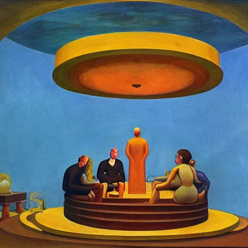 Image similar to deep sea scientists in a giant bathysphere, interior, fantastical, comedic, dystopian, grant wood, pj crook, edward hopper, oil on canvas