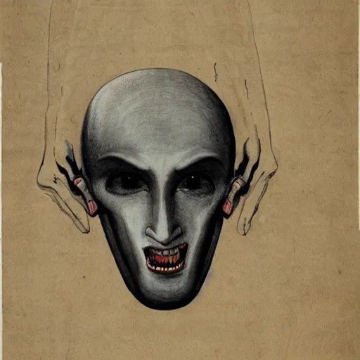 Prompt: A beautiful body art of of a giant head. The head is bald and has a big nose. The eyes are wide open and have a crazy look. The mouth is open and has sharp teeth. The neck is long and thin. ancient Greek architecture by Greg Girard, by Henry Fuseli balmy