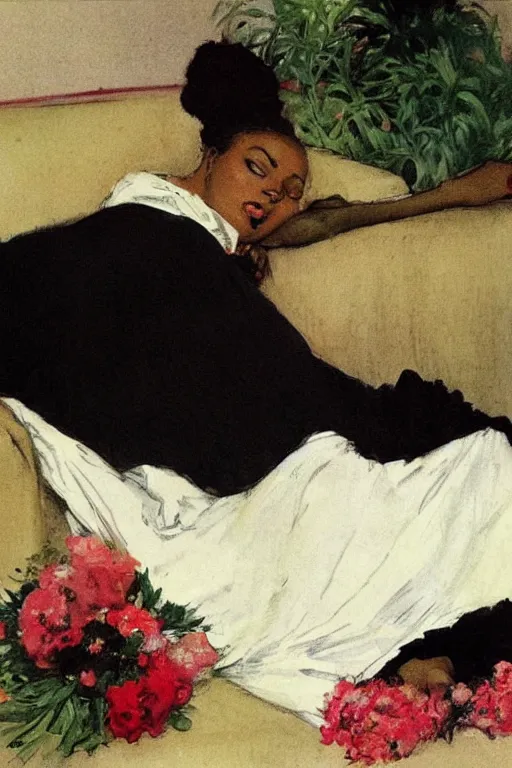 Image similar to black woman in a gown laying on couch, bloom flowers, modern, eclectic, illustration, by ramon casas